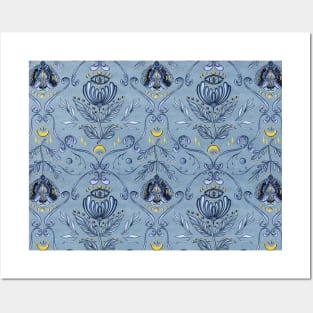 Damask Pattern of Folk Flowers on Deep Blue Posters and Art